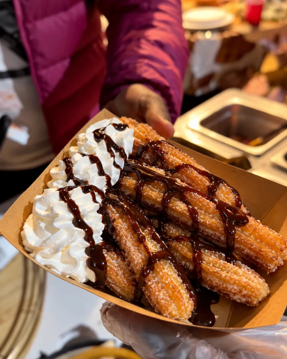 Churros piled with whipped cream and thick chocolate sauce in a kraft tray