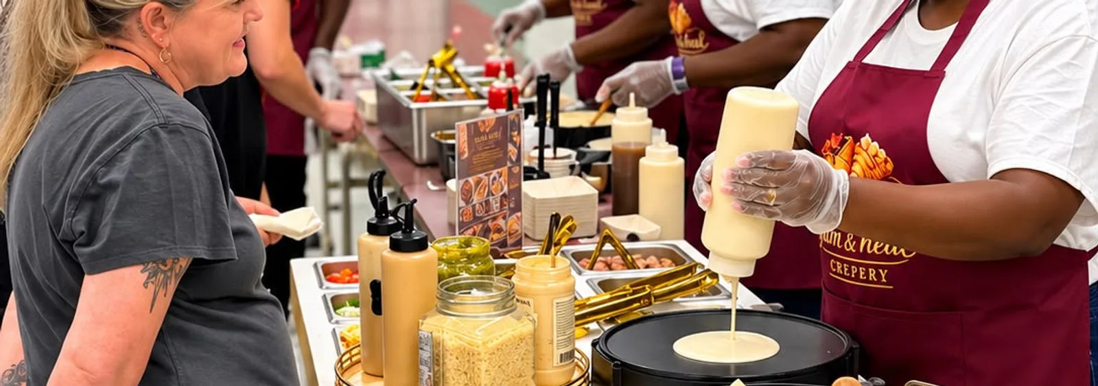 Yum&Heal team serving fresh crepes at a corporate event