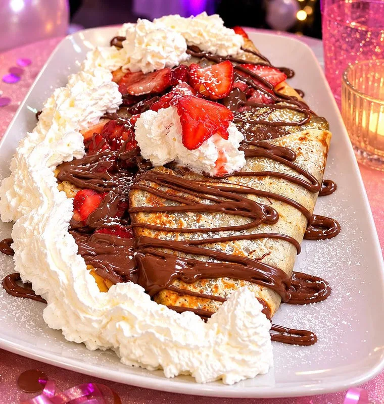 Strawberry and chocolate crepe at a glowing evening event